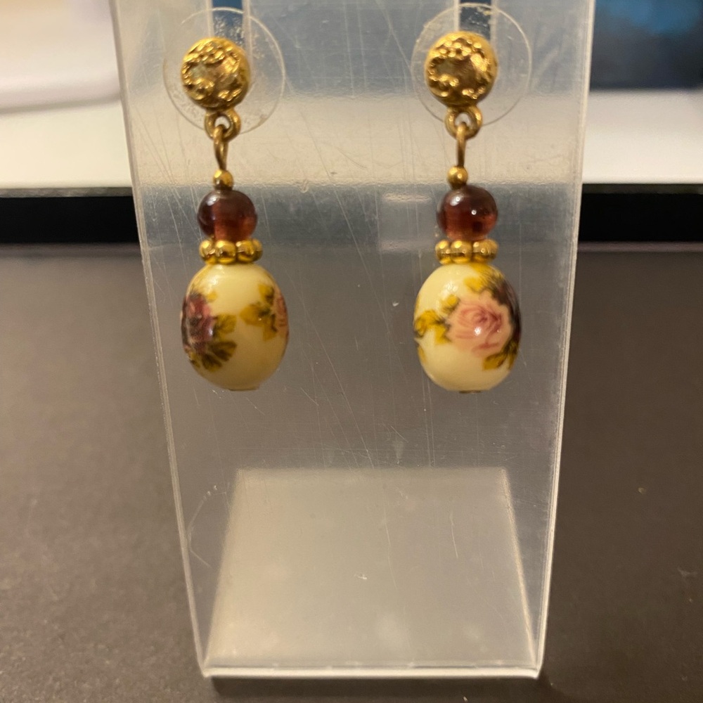 Gold-Tone Floral Drop Earrings - Cream and Purple